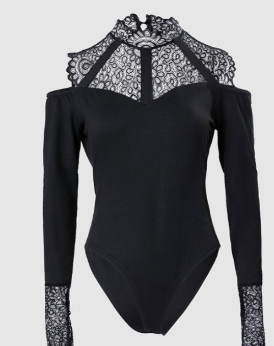 Contrast Lace Long Cold Shoulders Bodysuit