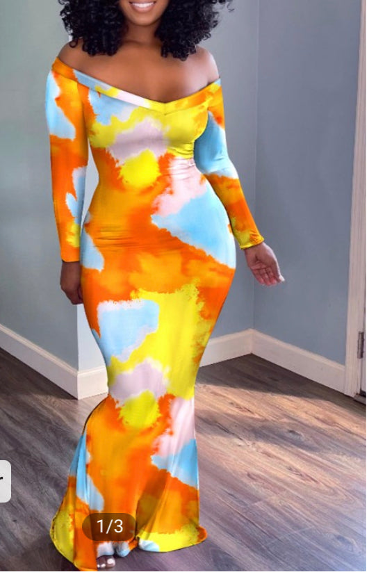 Tie Dye Print Off Shoulders Mermaid Dress