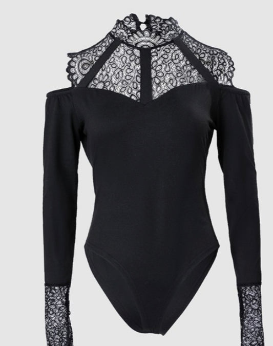Contrast Lace Long Cold Shoulders Bodysuit